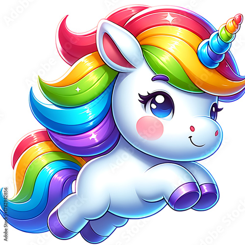 Adorable unicorn with rainbow mane and tail prancing playfully, radiating fantasy and charm, perfect for children's designs and magical themes. Whimsical and enchanting!