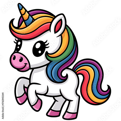 Adorable cartoon unicorn prancing with vibrant rainbow mane and tail, a whimsical and magical character perfect for children's designs and fantasy themes