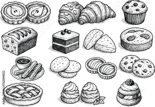 Hand drawn vintage illustration set of bakery and dessert items including tart, croissant, cake, muffin, churros, cookie, and pie in sketch style