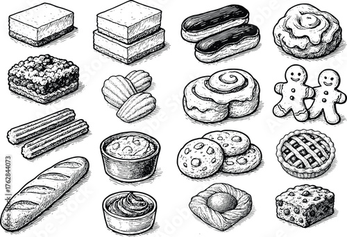 Hand drawn vintage illustration set of bakery and pastry items including bread, eclair, pie, cookie, muffin, churros, and gingerbread in sketch style