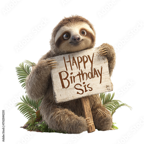 Adorable sloth celebrates sister's birthday with a charming sign, spreading joy and love in a delightful and heartwarming celebration, perfect for greetings and cards