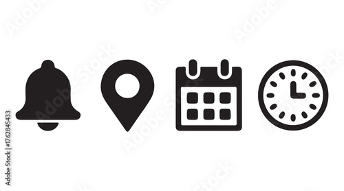Location, time, calendar and notification bell icons set. Flat simple illustrations of pin, date, clock and bell. Set of icons for web design