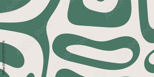 Groovy seamless pattern with abstract organic amoeba shapes in a retro muted green and cream color palette. Modern minimalist background