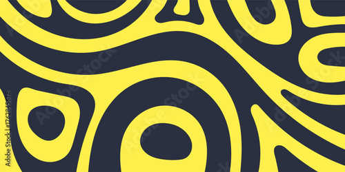 Dynamic abstract background with flowing yellow and dark navy blue organic shapes. A groovy retro-style seamless pattern with curved lines