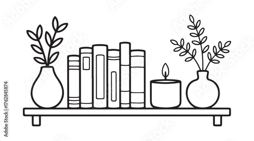 Detailed illustration of a wooden book shelf filled with various books and decorative items. Cozy Bookshelf Decor with Flowers and Candle