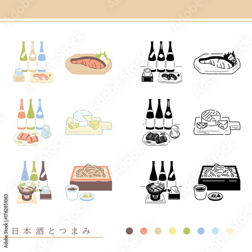 Snacks and Japanese sake/日本酒　鮭の塩焼き　チーズ盛り合わせ　蕎麦　日本酒瓶・升・つまみセット