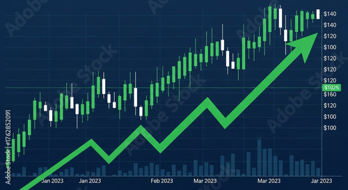 Green arrow pointing upwards on a stock market chart, indicating positive growth and financial success in a dynamic and visually engaging representation of investment