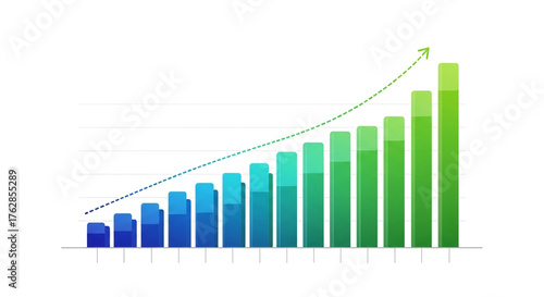 Business growth chart showing an upward trend, isolated on white background bar graph representing financial progress and success in yearly increments
