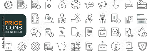 Price icons, black line symbols, dollar sign, commerce, finance, business tools, minimalist vector set for e-commerce, budgeting, marketing, and analytics