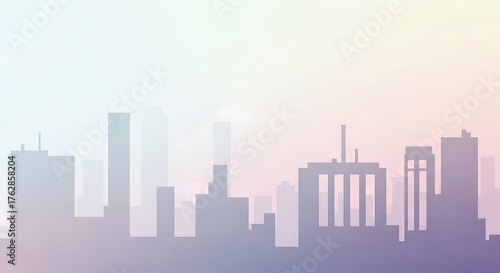 Abstract city skyline and modern urban landscape illustration with a soft pastel gradient background, capturing a serene cityscape view perfect for contemporary design