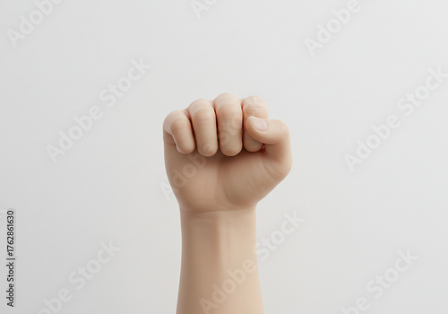A single human hand is clenched into a fist against a plain, light gray background.