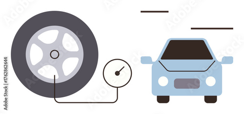 Tire connected to pressure gauge and blue car in minimalist design. Ideal for automotive services, safety tips, transport, tires care, maintenance, efficiency concepts, simple flat metaphor