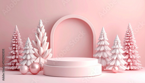 Pastel Pink Christmas Display with Trees and Podium.