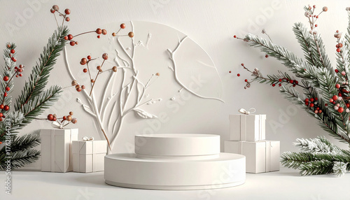 Winter Wonderland Product Display - Minimalist Christmas Scene with Podium.