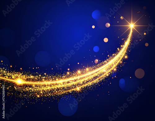 Abstract golden glitter wave with bright starburst on dark blue background.