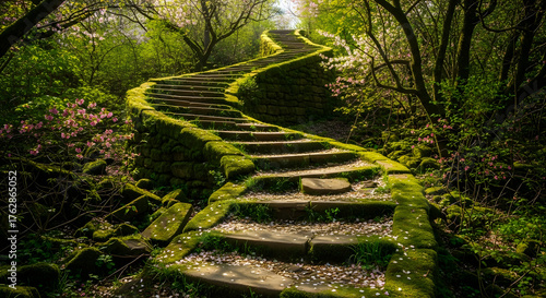 Stone Staircase Covered in Moss and Blossoms