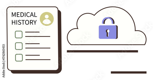 Medical file with checklist beside a secured cloud icon with a lock. Ideal for healthcare, online privacy, data security, cloud storage, digital safety, medical technology, compliance. A simple flat