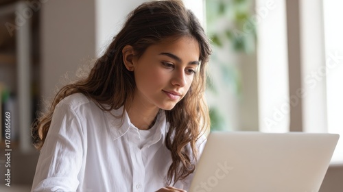 Free Download hispanic teen girl latin young woman school student elearning distance training course work at home office watching online learning webinar using laptop over shoulder close up mock up screen view no  - GFXLoad