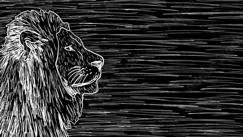 White wiggly hand drawn side portrait of African male Lion on alpha