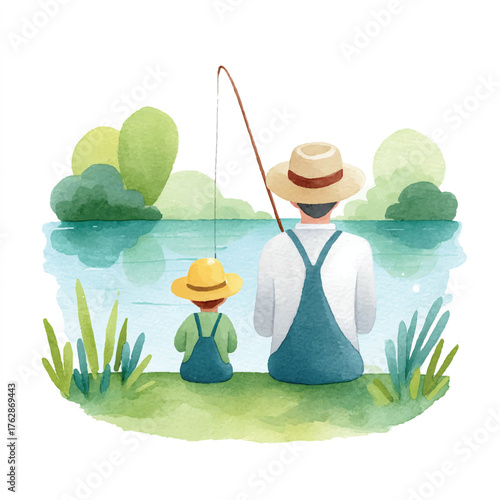Watercolor Illustration of Father and Son Fishing Together by the Lake.