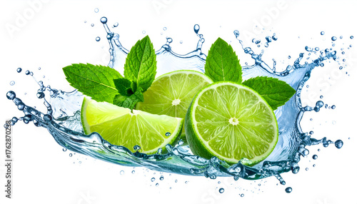Refreshing water splash with mint and lime on white background.