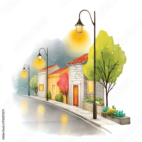 Watercolor painting of a charming street with streetlights and a house.