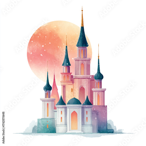 Watercolor Painting of a Pink Fairytale Castle with a Large Orange Sun.