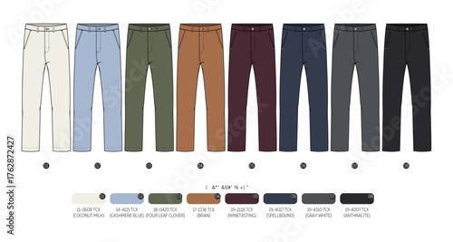 Men's Slim Fit Casual Chinos Flat Sketch with Color Palette