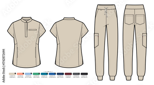 Women's Mandarin Collar Scrub Set and Jogger Pants Flat Sketch with Color Palette