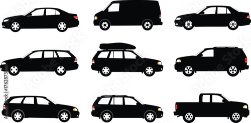 Set of nine vehicle silhouettes, sedans vans SUVs pickup truck, black vector design, automobile outline, transport graphic, car body style illustration