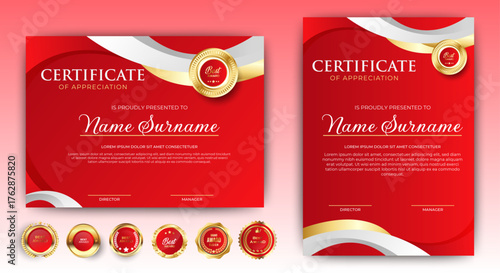 Modern red and gold certificate template. diploma certificate border template set with badges for award, business, and education