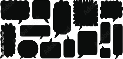Black comic speech bubbles collection, blank dialogue cloud shapes, empty chat frames for messages, conversation design and storytelling graphics