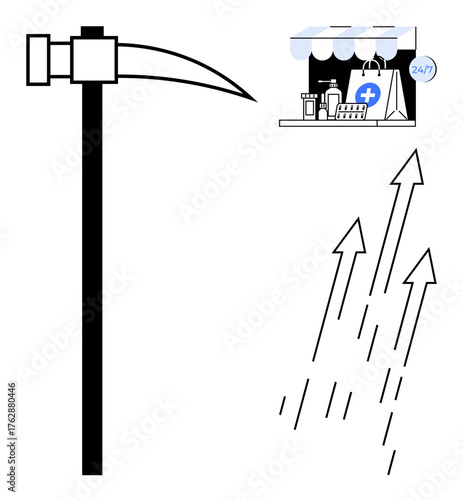 Pickaxe beside healthcare store with bags and medical supplies, arrows rising upward. Ideal for growth, investment, healthcare progress, mining profit, retail business, innovation, change simple