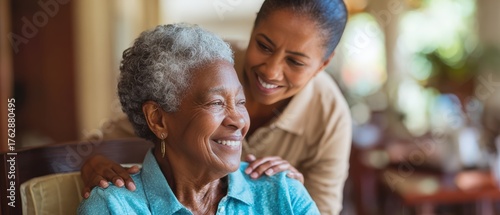 African American senior receiving personal care assistance in nursing home with caregiver support. Elder care long term healthcare services and compassionate professional assisted living facility.