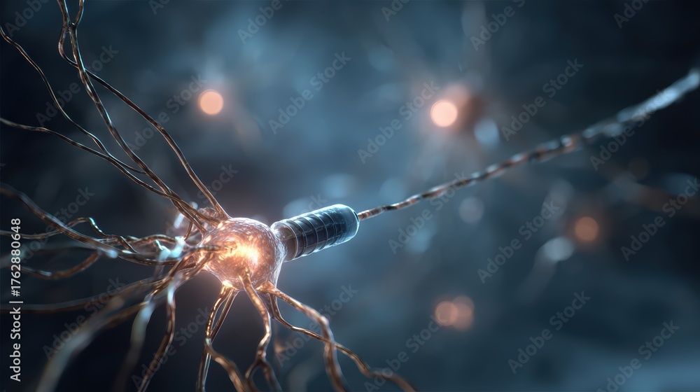 Obraz premium Close up of deep brain stimulator device with faint glow and neural pathways visible in abstract background perfect for neuroscience advanced therapy medical innovation and neurological treatment.