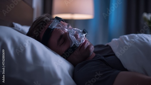 Patient sleeping peacefully with CPAP machine mask for sleep apnea therapy treatment in comfortable bedroom showing effective respiratory health care and obstructive breathing disorder management.