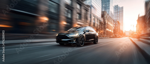 Electric vehicle accelerating silently through modern city street at golden hour with motion blur showing instant acceleration urban energy and performance for dynamic EV driving capability concept.