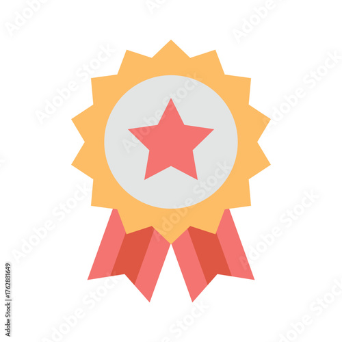 A gold award badge with a red star and ribbons against