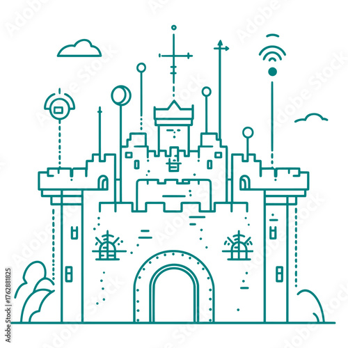 flat vector illustration of network security as a virtual fortress