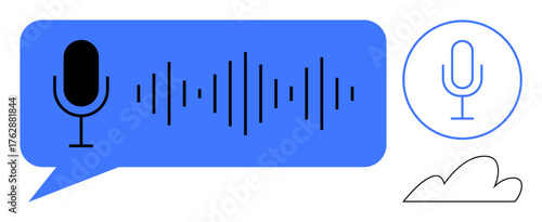 Blue speech bubble with microphone and soundwaves, circular microphone icon, and cloud. Ideal for voice control, AI, audio analysis, speech recognition, virtual assistants, communication technology