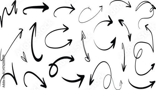 Hand-drawn curved arrows collection, doodle sketch direction elements, swirl pointer symbols for highlights, presentation, notes, and design projects