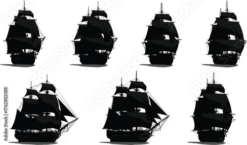 Set of six sailing ship silhouettes, vintage naval vessels, pirate ships, tall masts, vector illustration, maritime design, black outline graphic