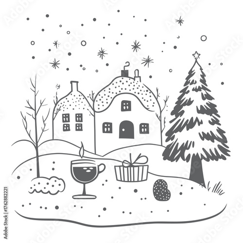 line art minimalist vector drawing of winter home celebrations