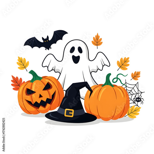 Festive Halloween illustration featuring a ghost, pumpkins, and fall decor