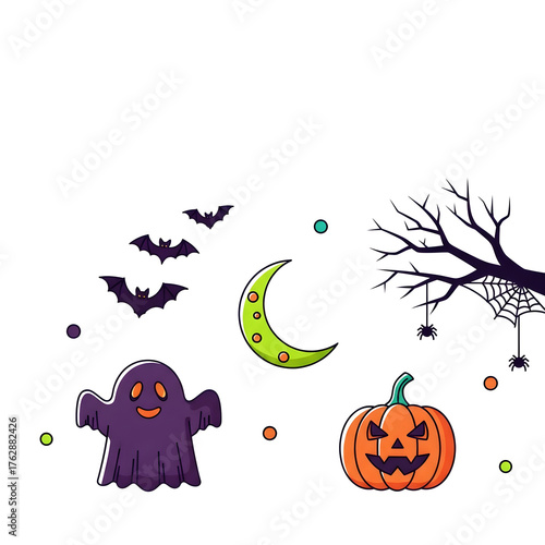 Ghost, pumpkin, bats, moon, and spiders for a fun Halloween design