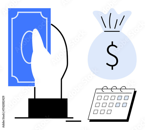 Hand holding cash beside a money bag and calendar, emphasizing payout, investment, accounting, savings, and scheduling. Ideal for finance, banking, planning economy deadlines organization simple
