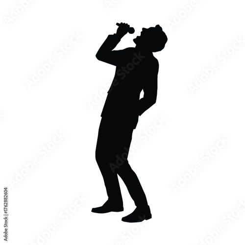 Silhouette of a powerful male vocalist in formal wear, capturing an intense moment of singing a high note or expressing deep emotion