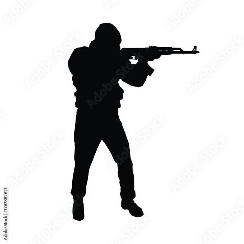 Silhouette of Soldier or Special Forces Operator Aiming Assault Rifle, Ready for Combat Action, Isolated on White