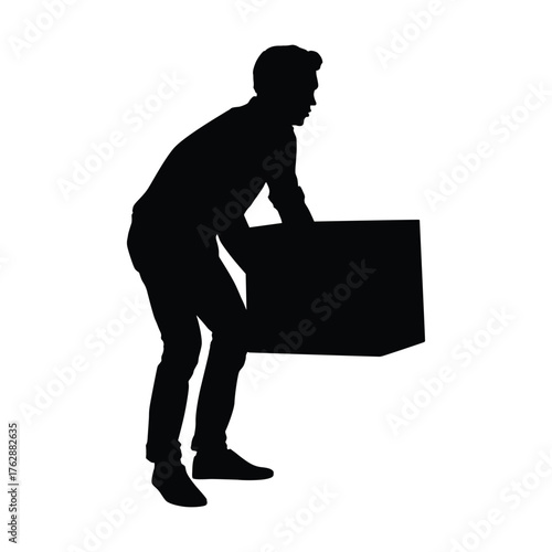 Silhouette of a Man Lifting or Carrying a Heavy Cardboard Box, Indicating Manual Work, Moving, or Delivery Service