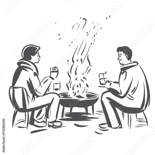 simple flat design illustration of warm evenings with friends by the fire